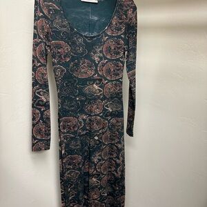 Peruvian Connection Black and Brown Paisley Long Sleeve Dress